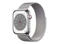 Apple Watch Series 8 (GPS + Cellular) - 45 mm - rostfritt stål i silver - smart klocka med milanesisk loop - handledsstorlek: 150-200 mm - 32 GB - Wi-Fi, LTE, Bluetooth, UWB - 4G - 51.5 g MNKJ3KS/A