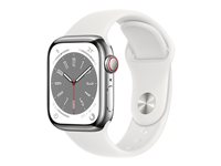 Apple Watch Series 8 (GPS + Cellular) - 41 mm - rostfritt stål i silver - smart klocka med sportband - fluoroelastomer - vit - bandstorlek: standard - 32 GB - Wi-Fi, LTE, Bluetooth, UWB - 4G - 42.3 g MNJ53KS/A