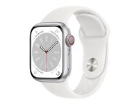 Apple Watch Series 8 (GPS + Cellular) - 41 mm - silveraluminium - smart klocka med sportband - fluoroelastomer - vit - bandstorlek: standard - 32 GB - Wi-Fi, LTE, Bluetooth, UWB - 4G - 32 g MP4A3KS/A