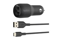 Belkin BoostCharge Dual Charger - Strömadapter för bil - 24 Watt - 4.8 A - 2 utdatakontakter (USB) - på kabel: USB-C - svart CCE001BT1MBK