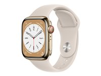 Apple Watch Series 8 (GPS + Cellular) - 41 mm - guld, rostfritt stål - smart klocka med sportband - fluoroelastomer - starlight - bandstorlek: standard - 32 GB - Wi-Fi, LTE, Bluetooth, UWB - 4G - 42.3 g MNJC3KS/A