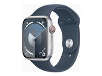 Apple Watch Series 9 (GPS + Cellular) - 45 mm - silveraluminium - smart klocka med sportband - fluoroelastomer - stormbl¨ - bandstorlek: S/M - 64 GB - Wi-Fi, LTE, UWB, Bluetooth - 4G - 39 g MRMG3KS/A