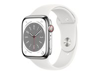 Apple Watch Series 8 (GPS + Cellular) - 45 mm - rostfritt stål i silver - smart klocka med sportband - fluoroelastomer - vit - bandstorlek: standard - 32 GB - Wi-Fi, LTE, Bluetooth, UWB - 4G - 51.5 g MNKE3KS/A
