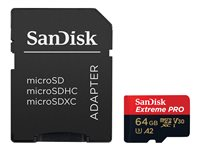 SanDisk Extreme Pro - Flash-minneskort (microSDXC till SD-adapter inkluderad) - 64 GB - A2 / Video Class V30 / UHS-I U3 / Class10 - mikroSDXC UHS-I SDSQXCU-064G-GN6MA