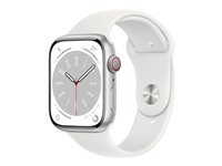 Apple Watch Series 8 (GPS + Cellular) - 45 mm - silveraluminium - smart klocka med sportband - fluoroelastomer - vit - bandstorlek: standard - 32 GB - Wi-Fi, LTE, Bluetooth, UWB - 4G - 38.8 g MP4J3KS/A