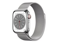 Apple Watch Series 8 (GPS + Cellular) - 41 mm - rostfritt stål i silver - smart klocka med milanesisk loop - handledsstorlek: 130-180 mm - 32 GB - Wi-Fi, LTE, Bluetooth, UWB - 4G - 42.3 g MNJ83KS/A