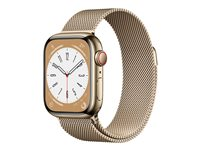 Apple Watch Series 8 (GPS + Cellular) - 41 mm - guld, rostfritt stål - smart klocka med milanesisk loop - handledsstorlek: 130-180 mm - 32 GB - Wi-Fi, LTE, Bluetooth, UWB - 4G - 42.3 g MNJF3KS/A