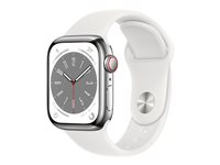 Apple Watch Series 8 (GPS + Cellular) - 41 mm - rostfritt stål i silver - smart klocka med sportband - fluoroelastomer - vit - bandstorlek: standard - 32 GB - Wi-Fi, Bluetooth, LTE, UWB - 4G - 42.3 g MNJ53KS/A
