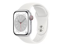 Apple Watch Series 8 (GPS + Cellular) - 41 mm - silveraluminium - smart klocka med sportband - fluoroelastomer - vit - bandstorlek: standard - 32 GB - Wi-Fi, Bluetooth, LTE, UWB - 4G - 32 g MP4A3KS/A