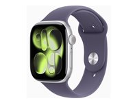Apple Watch Series 11 (GPS + Cellular) - 46 mm - silveraluminium - smart klocka med sportband - fluoroelastomer - lila dimma - bandstorlek: S/M - 64 GB - Bluetooth, LTE, Wi-Fi 4, UWB - 5G - 36.9 g MFCP4QN/A