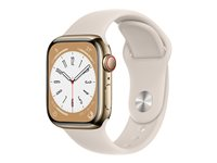 Apple Watch Series 8 (GPS + Cellular) - 41 mm - guld, rostfritt stål - smart klocka med sportband - fluoroelastomer - starlight - bandstorlek: standard - 32 GB - Wi-Fi, Bluetooth, LTE, UWB - 4G - 42.3 g MNJC3KS/A