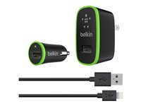 Belkin Charging Kit - Strömadapterkit - (växelströmsadapter, bilströmsadapter, Lightning-kabel) - 10 Watt - 2.1 A - svart F8J031VF04-BLK