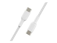 Belkin BoostCharge - USB-kabel - 24 pin USB-C (hane) till 24 pin USB-C (hane) - USB 2.0 - 3 A - 1 m - USB Power Delivery (60W) - vit (paket om 2) CAB004BT1MWH2PK