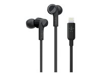 Belkin ROCKSTAR - Hörlurar med mikrofon - inuti örat - kabelansluten - Lightning - ljudisolerande - svart - för Apple 10.5-inch iPad Pro; iPad mini 4; iPhone 7, 7 Plus, 8, 8 Plus, X, XR, XS, XS Max G3H0001BTBLK