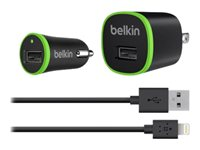 Belkin Charger Kit + Charge/Sync Cable - Strömadapterkit - (växelströmsadapter, bilströmsadapter, Lightning-kabel) - svart F8J027VF04-BLK