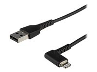 StarTech.com 2m tålig USB-A till Blixtkabel - svart 90° högervinkad, robust aramidfiber USB typ A till Blixtuppladdning/synkron sladd - Apple MFi-certifierad - iPhone - Lightning-kabel - Lightning hane vinklad till USB hane - 2 m - dubbelt skärmad - svart RUSBLTMM2MBR