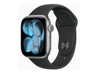 Apple Watch Series 11 (GPS) - 42 mm - rymdgrå aluminium - smart klocka med sportband - fluoroelastomer - svart - bandstorlek: S/M - 64 GB - Bluetooth, Wi-Fi 4, UWB - 30.3 g MEQW4QN/A