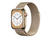 Apple Watch Series 8 (GPS + Cellular) - 41 mm - guld, rostfritt stål - smart klocka med milanesisk loop - handledsstorlek: 130-180 mm - 32 GB - Wi-Fi, Bluetooth, LTE, UWB - 4G - 42.3 g MNJF3KS/A